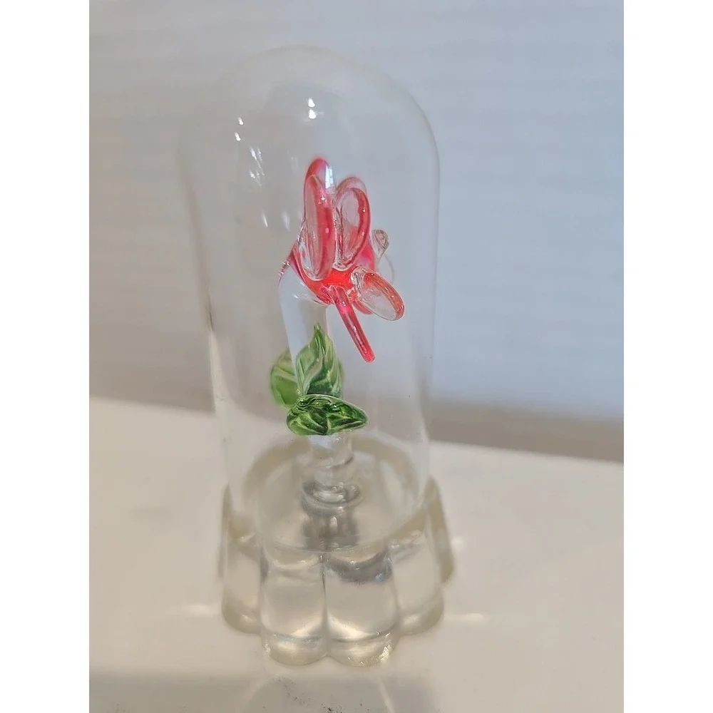 Small Mini Glass Pink Glass Flower encased in a Glass Case 3.5 inch